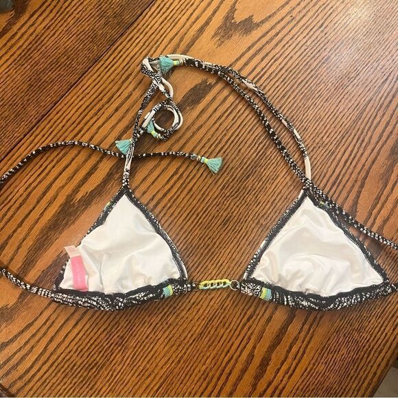 VICTORIAS SECRET Boho Triangle Bikini Top Size L Black/White/Green/Turquoise - Picture 6 of 8